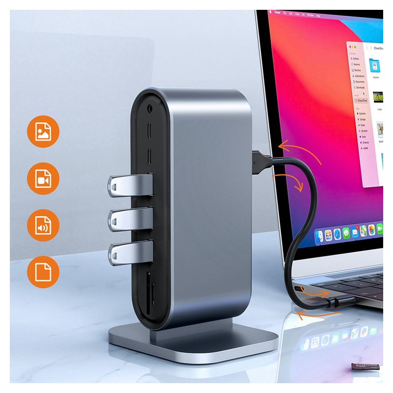 Adapter Type C na LAN Gb, SD card, TF, PD, Type C, 4xUSB 3.0, Audio, HDMI i VGA 12 u 1 sa postoljem