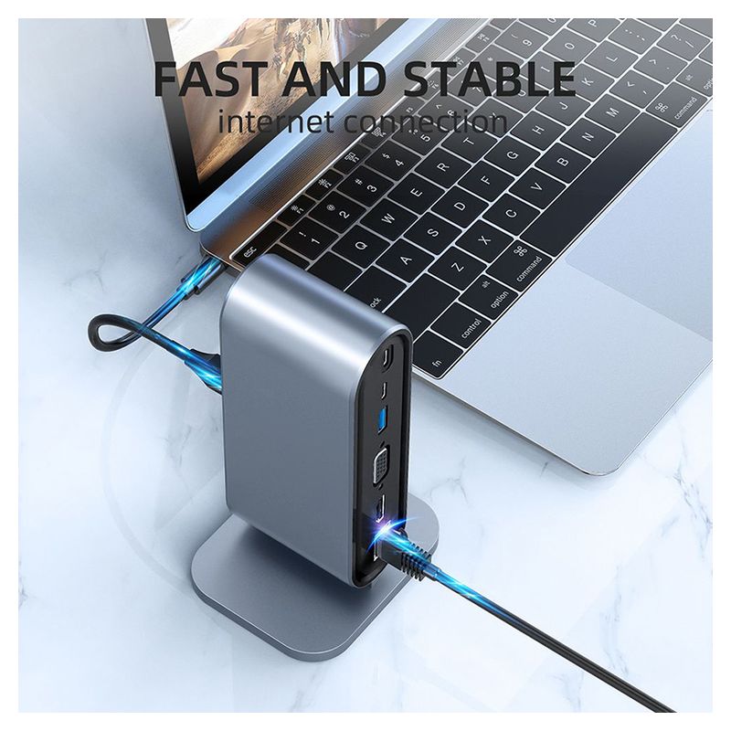 Adapter Type C na LAN Gb, SD card, TF, PD, Type C, 4xUSB 3.0, Audio, HDMI i VGA 12 u 1 sa postoljem