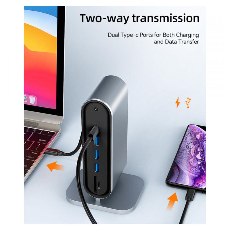 Adapter Type C na LAN Gb, SD card, TF, PD, Type C, 4xUSB 3.0, Audio, HDMI i VGA 12 u 1 sa postoljem