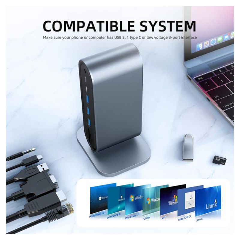 Adapter Type C na LAN Gb, SD card, TF, PD, Type C, 4xUSB 3.0, Audio, HDMI i VGA 12 u 1 sa postoljem
