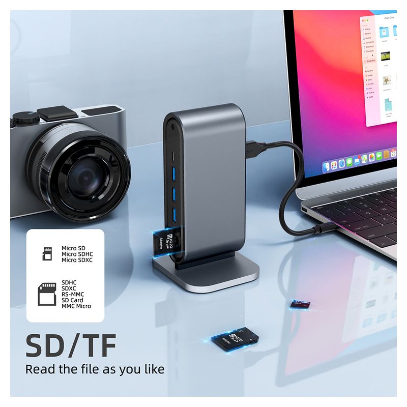 Adapter Type C na LAN Gb, SD card, TF, PD, Type C, 4xUSB 3.0, Audio, HDMI i VGA 12 u 1 sa postoljem