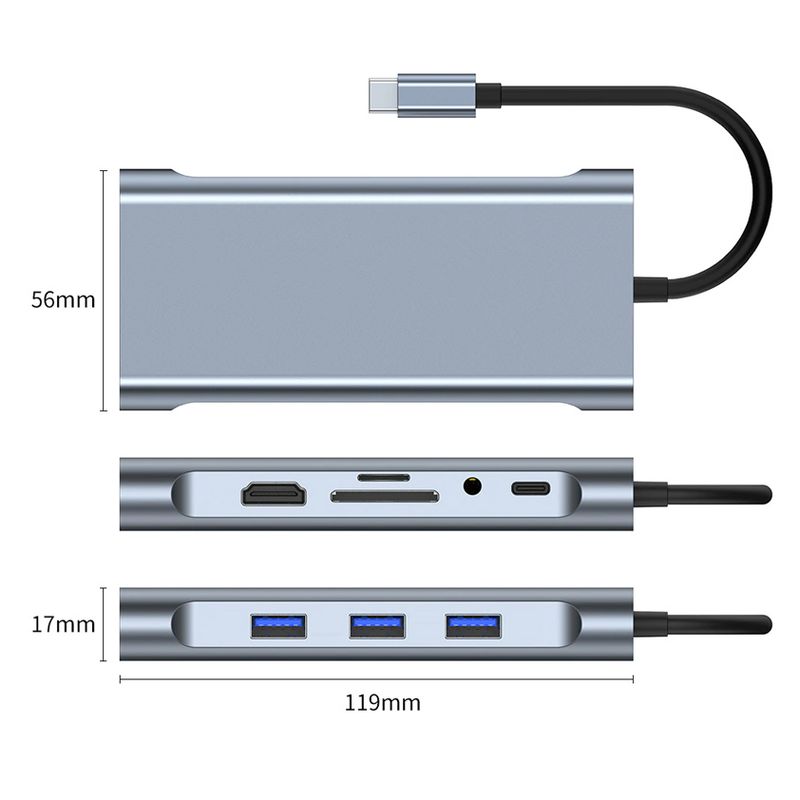 Adapter Type C na LAN Gb, SD card, TF, Type C, 3xUSB 3.0, Audio, HDMI i VGA 10 u 1 20cm kabl