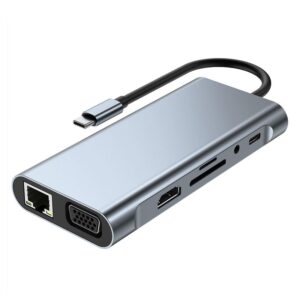 Adapter Type C na LAN Gb, SD card, TF, Type C, 3xUSB 3.0, Audio, HDMI i VGA 10 u 1 20cm kabl