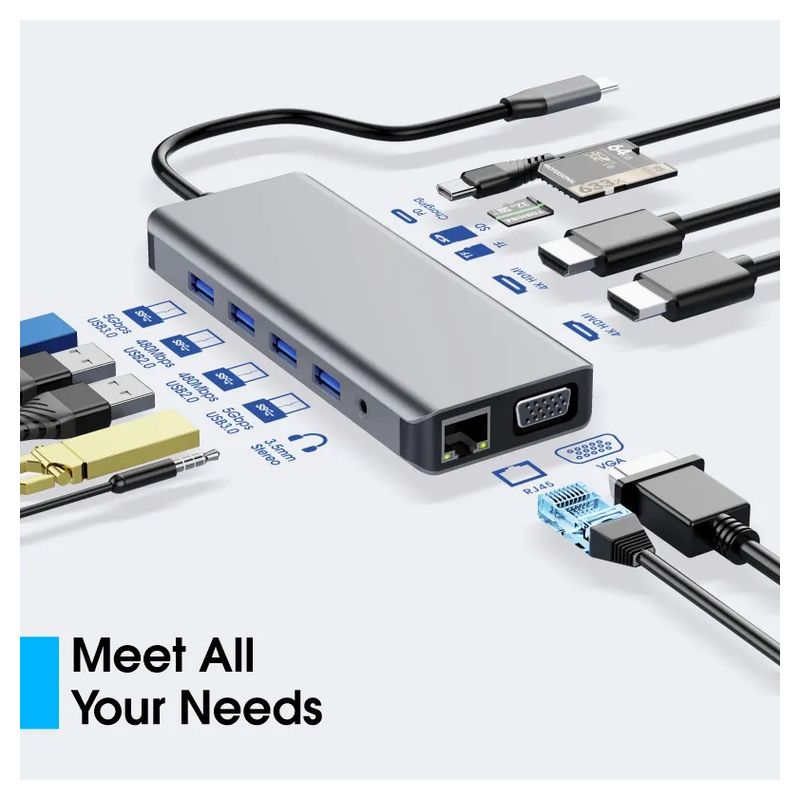 Adapter Type C na LAN Gb, SD card, TF, Type C, 3xUSB 3.0, USB 2.0, Audio, 2xHDMI i VGA 12 u 1 20cm kabl