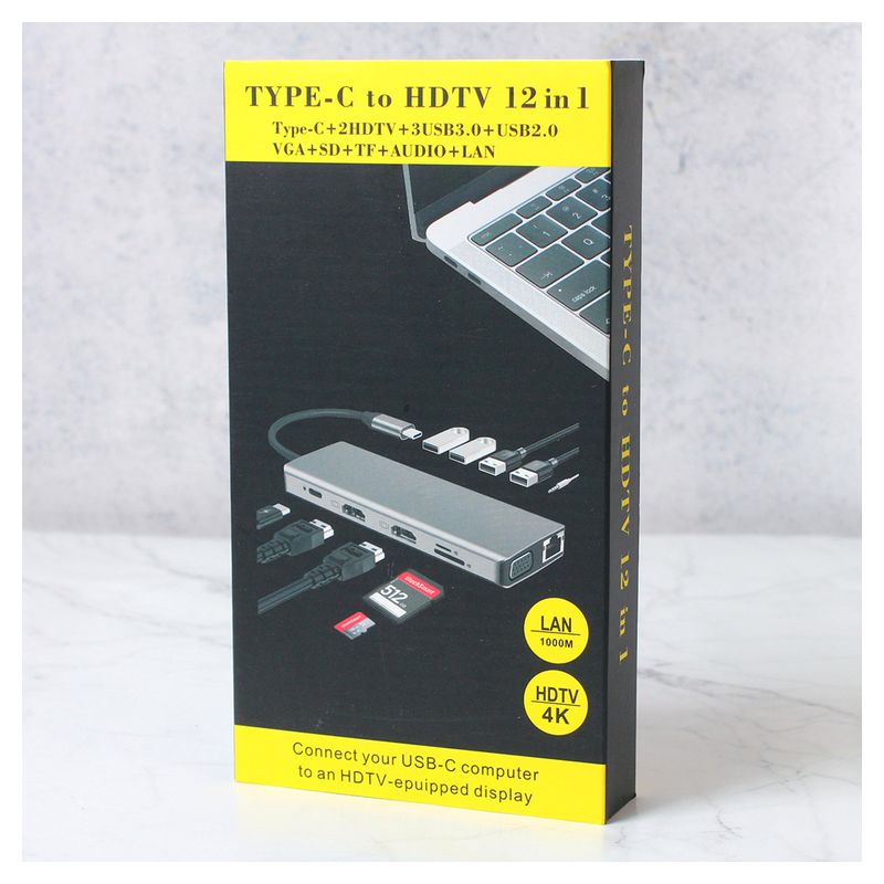 Adapter Type C na LAN Gb, SD card, TF, Type C, 3xUSB 3.0, USB 2.0, Audio, 2xHDMI i VGA 12 u 1 20cm kabl