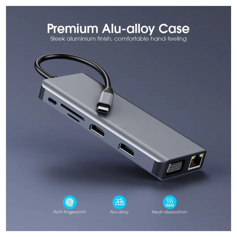 Adapter Type C na LAN Gb, SD card, TF, Type C, 3xUSB 3.0, USB 2.0, Audio, 2xHDMI i VGA 12 u 1 20cm kabl