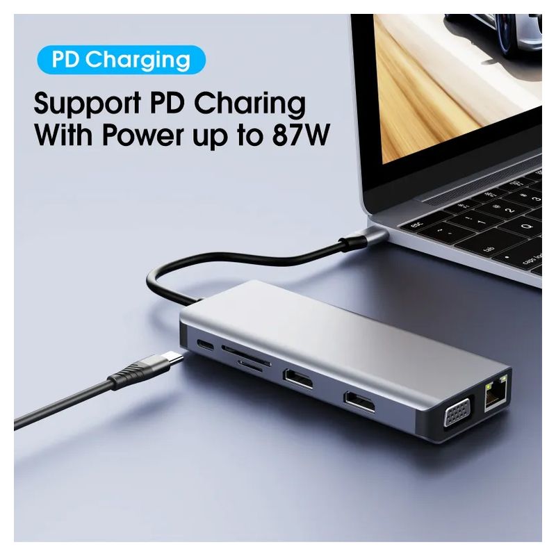 Adapter Type C na LAN Gb, SD card, TF, Type C, 3xUSB 3.0, USB 2.0, Audio, 2xHDMI i VGA 12 u 1 20cm kabl