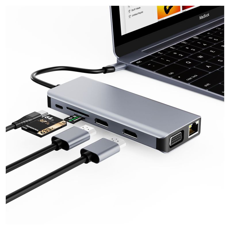 Adapter Type C na LAN Gb, SD card, TF, Type C, 3xUSB 3.0, USB 2.0, Audio, 2xHDMI i VGA 12 u 1 20cm kabl