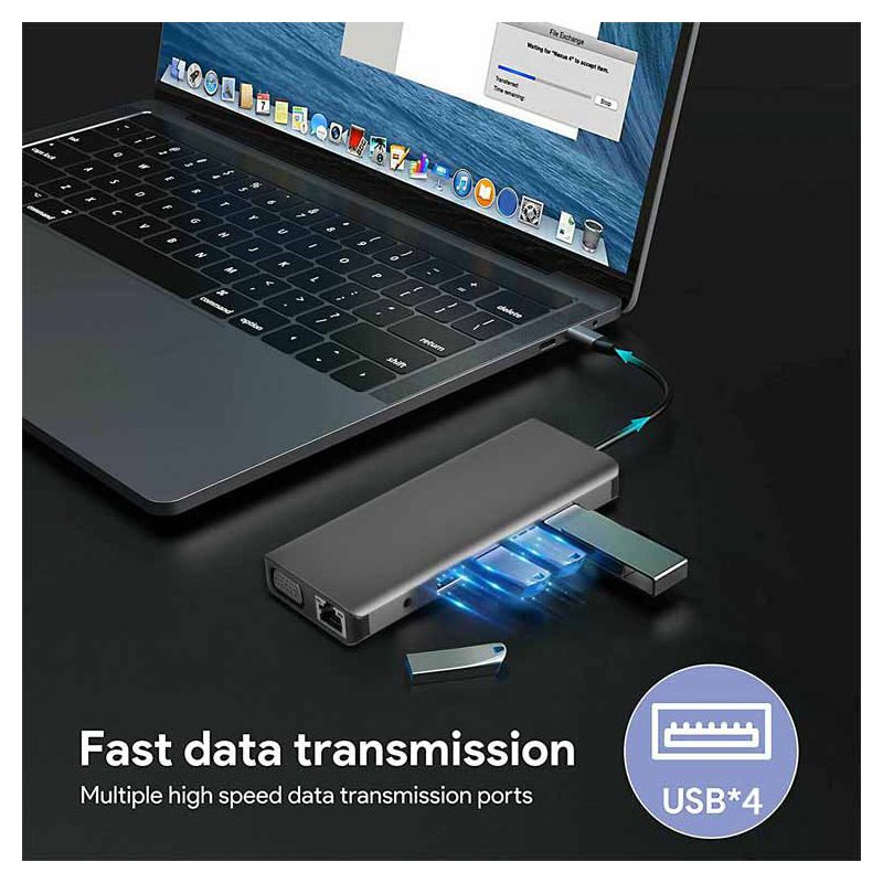 Adapter Type C na LAN Gb, SD card, TF, Type C, 3xUSB 3.0, USB 2.0, Audio, 2xHDMI i VGA 12 u 1 20cm kabl