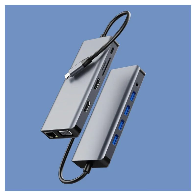 Adapter Type C na LAN Gb, SD card, TF, Type C, 3xUSB 3.0, USB 2.0, Audio, 2xHDMI i VGA 12 u 1 20cm kabl