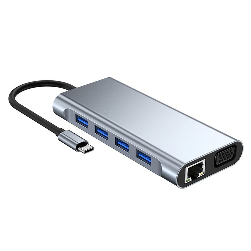 Adapter Type C na LAN Gb, SD card, TF, Type C, 4xUSB 3.0, Audio, HDMI i VGA 11 u 1 20cm kabl