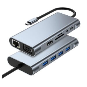 Adapter Type C na LAN Gb, SD card, TF, Type C, 4xUSB 3.0, Audio, HDMI i VGA 11 u 1 20cm kabl