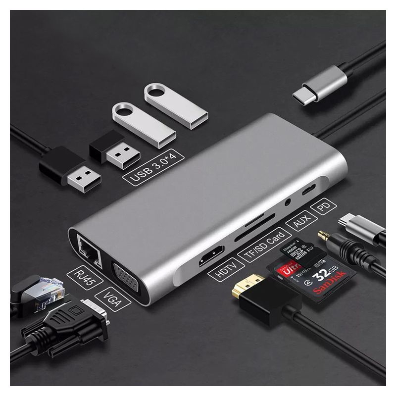 Adapter Type C na LAN Gb, SD card, TF, Type C, 4xUSB 3.0, Audio, HDMI i VGA 11 u 1 20cm kabl