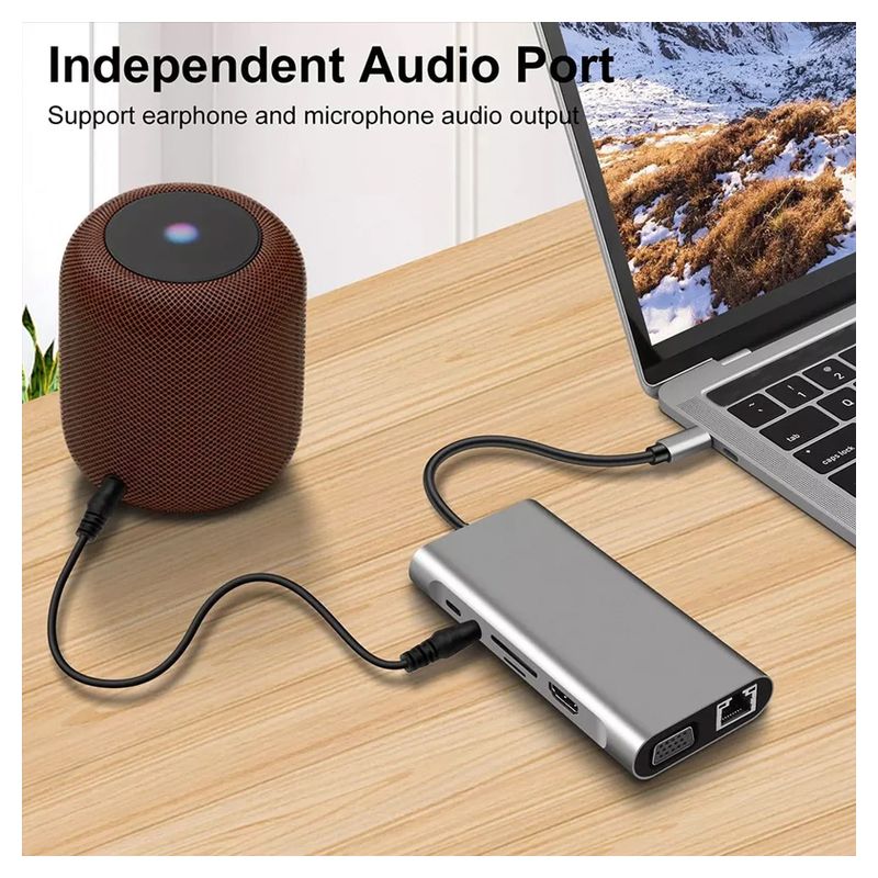 Adapter Type C na LAN Gb, SD card, TF, Type C, 4xUSB 3.0, Audio, HDMI i VGA 11 u 1 20cm kabl