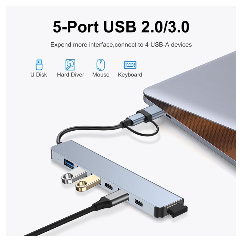 Adapter Type C - USB 3.0 na 2xType C, 3xUSB 3.0 i 2xUSB 2.0 7u1 20cm kabl