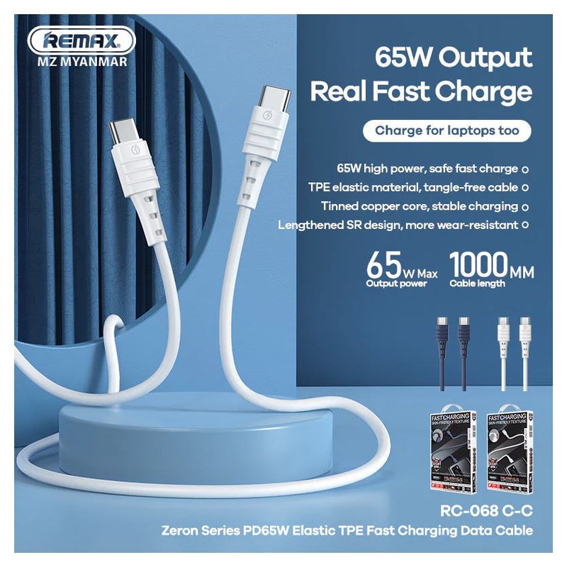 Data kabl Fast REMAX Zeron Series 65W RC-068 Type C na Type C beli