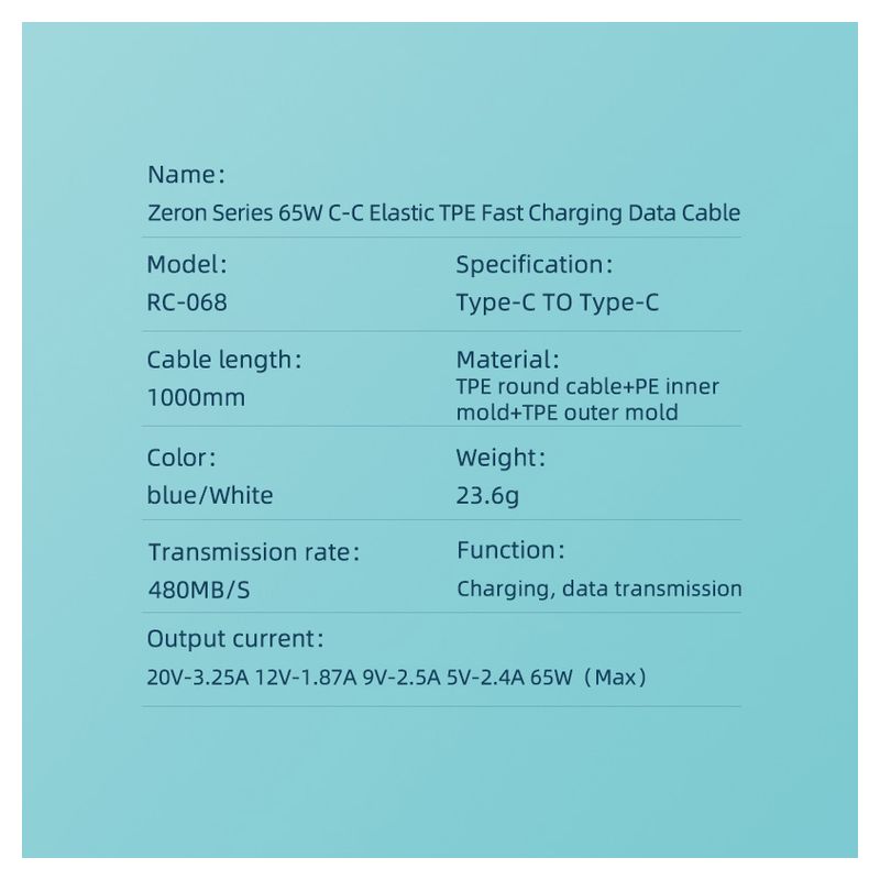 Data kabl Fast REMAX Zeron Series 65W RC-068 Type C na Type C beli