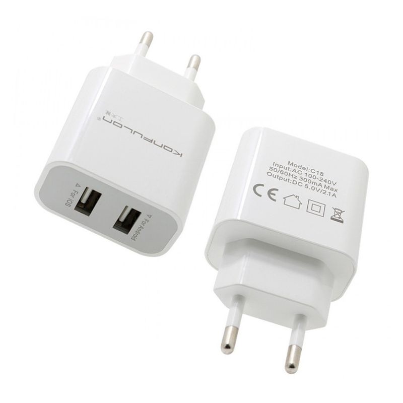 Kucni punjac KONFULON C18+S32A, 2xUSB, 2.1A sa iPhone lightning kablom beli 1m