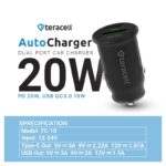 Auto punjac Teracell Evolution TC-10 PD 20W, USB QC3.0 15W sa lightning kablom crni - Slika 2