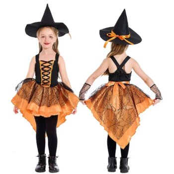 Dečiji kostim veštice sa paučinom – narandžasto-crna Halloween haljina