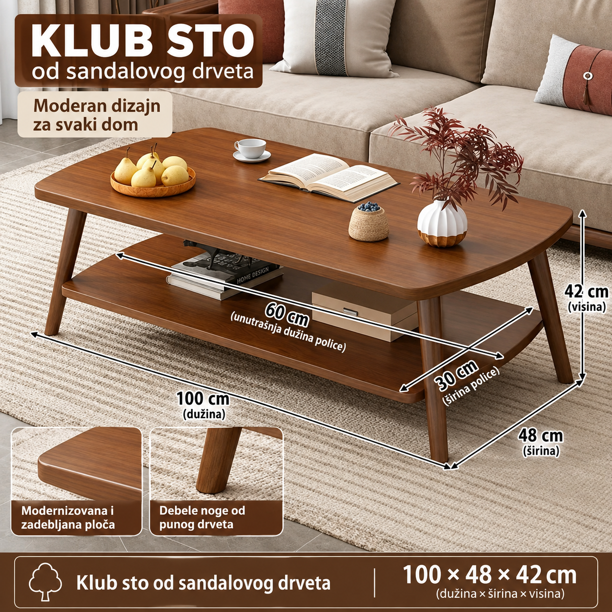 2026/10/82981.png Klub sto sa donjom policom 100 × 48 × 42 cm – tamno braon - Slika 1