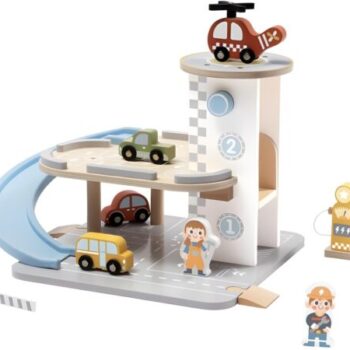 Tooky Toy drvena garaža sa rampom i vozilima – fotografija 1