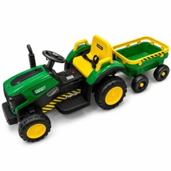 Zeleno-žuti traktor na akumulator sa prikolicom – fotografija 1